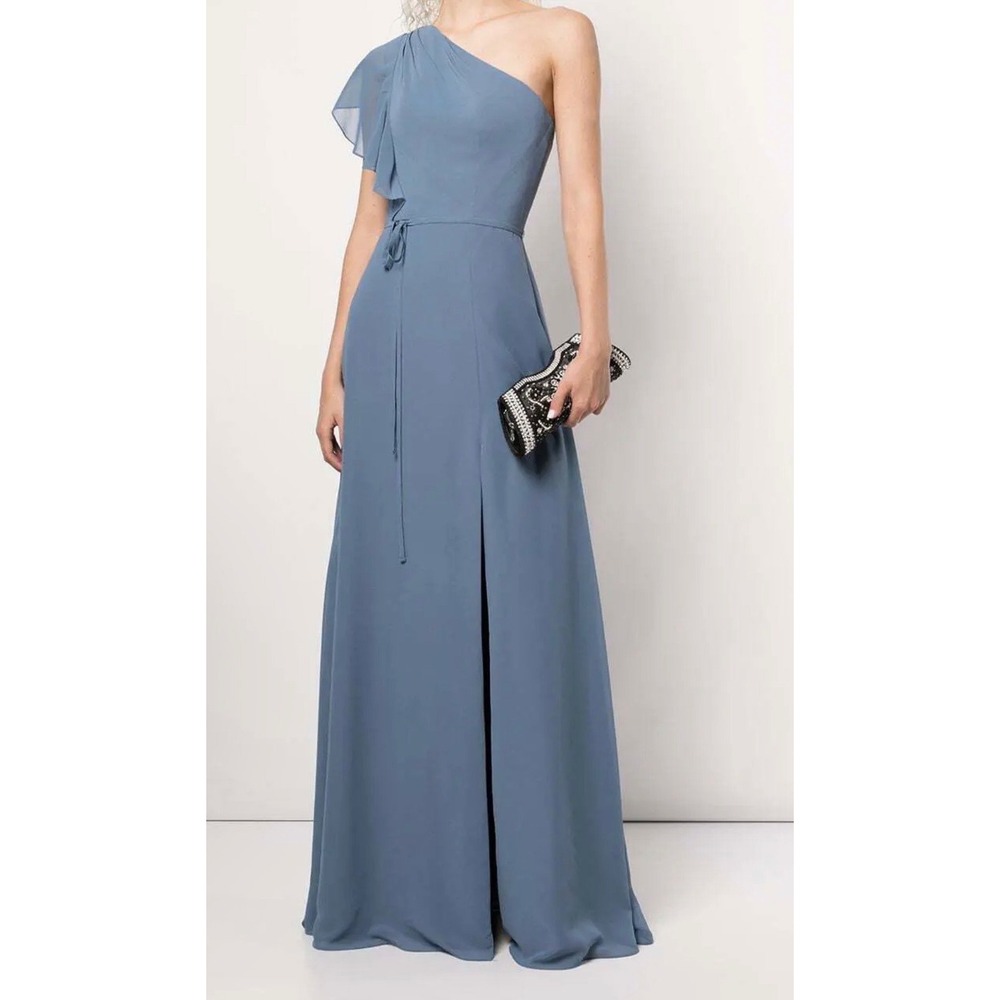 New! Marchesa Notte Bridesmaids Gathered One Shoulder Gown Size 6  Slate Blue